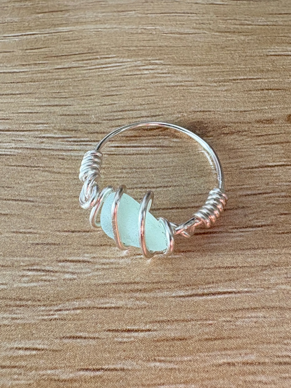 Handcrafted Silver Plated Wire Wrapped Sea Glass Ring - Light Aqua - Size 6.5